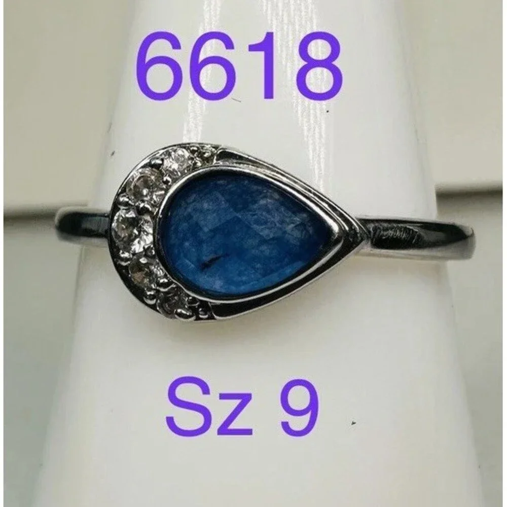 Bomb Party Blue Ring Lot 2 Size 9 Teardrop Round Rhodium Plated CZ Rings